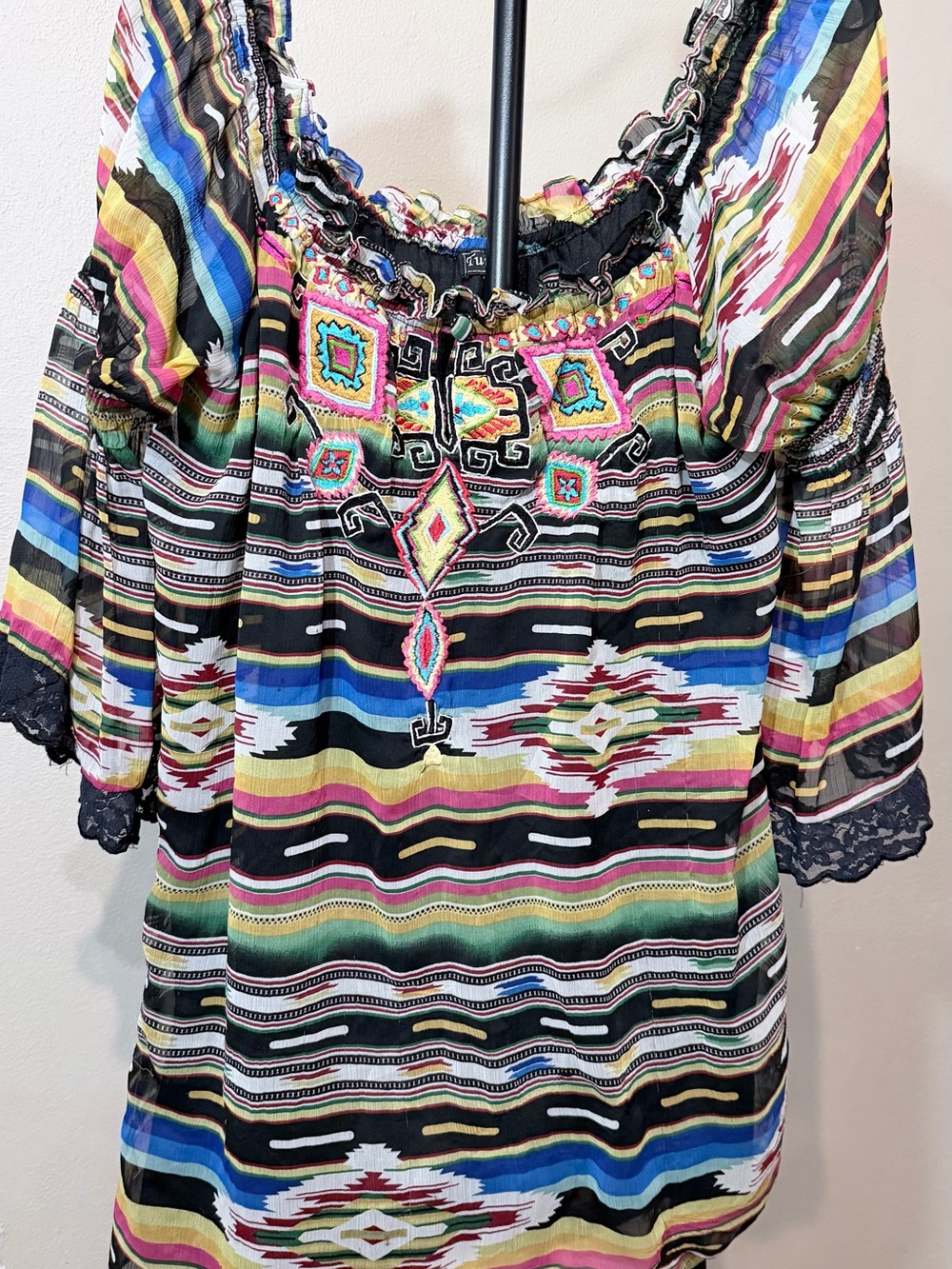Nique Multi-Color Striped Embroidered Peasant Tunic BoHo Size S body